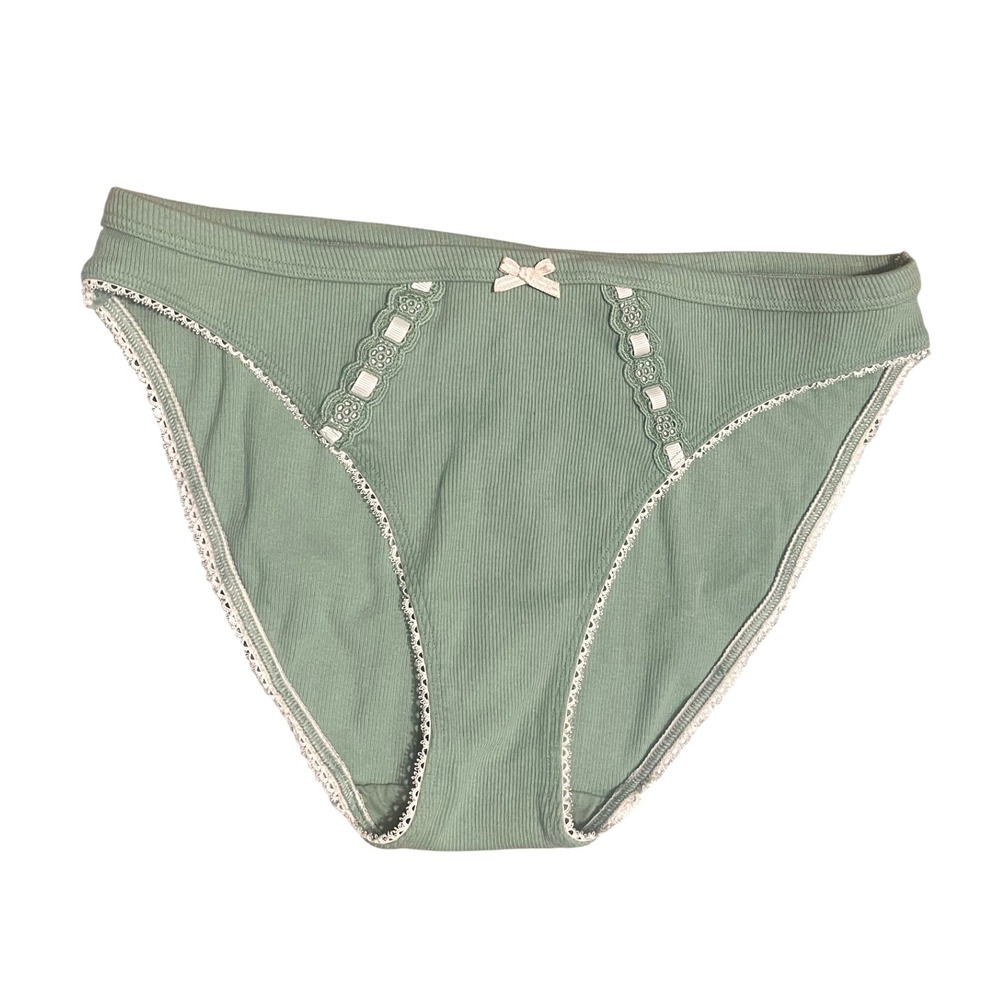 Victoria's Secret Sage Green Stretch Cotton‎ Ribbon Slot Bikini Panty L-NEW-